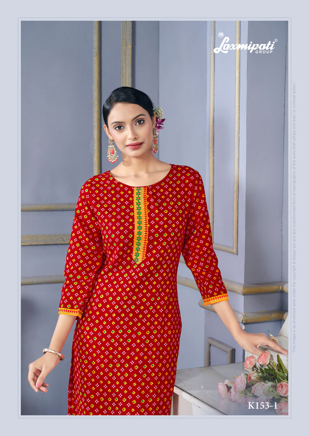 Laxmipati Spun Base Deep Red Straight Cut Embroidered Kurti