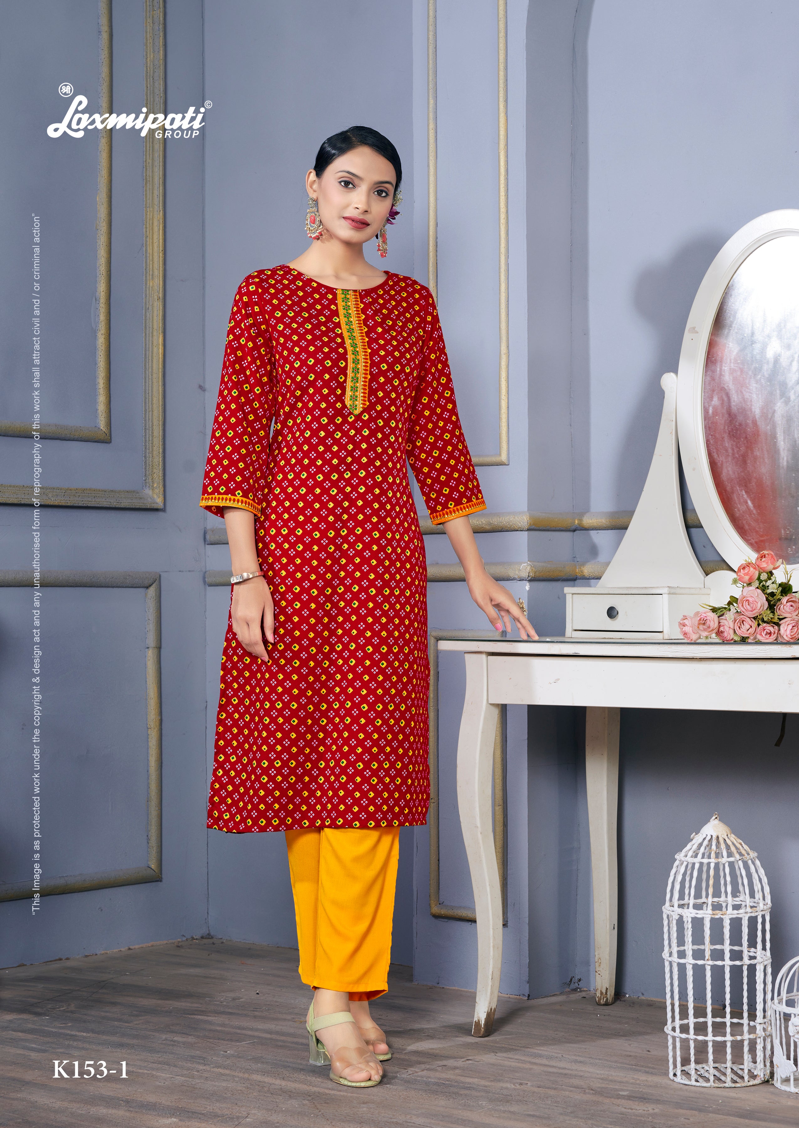 Laxmipati Spun Base Deep Red Straight Cut Embroidered Kurti