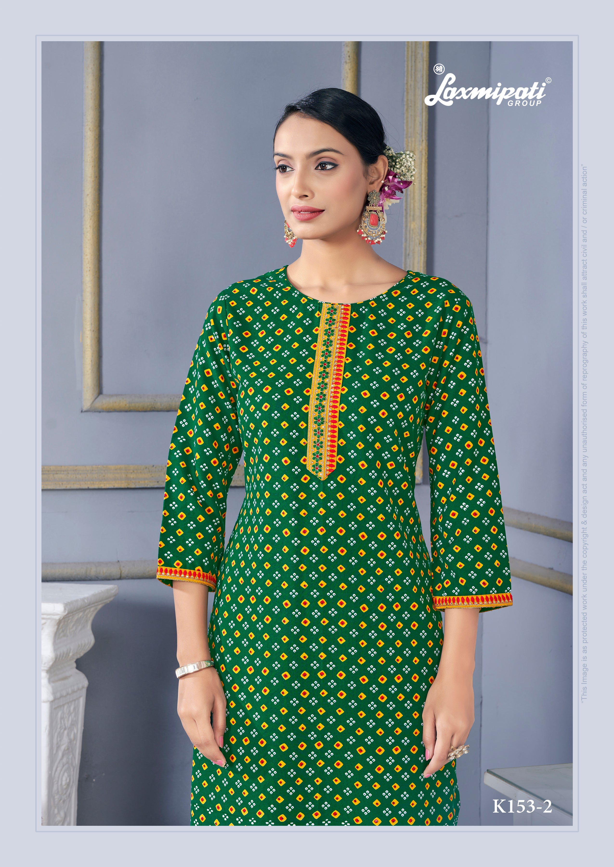 Laxmipati Spun Base Forest Green Straight Cut Embroidered Kurti