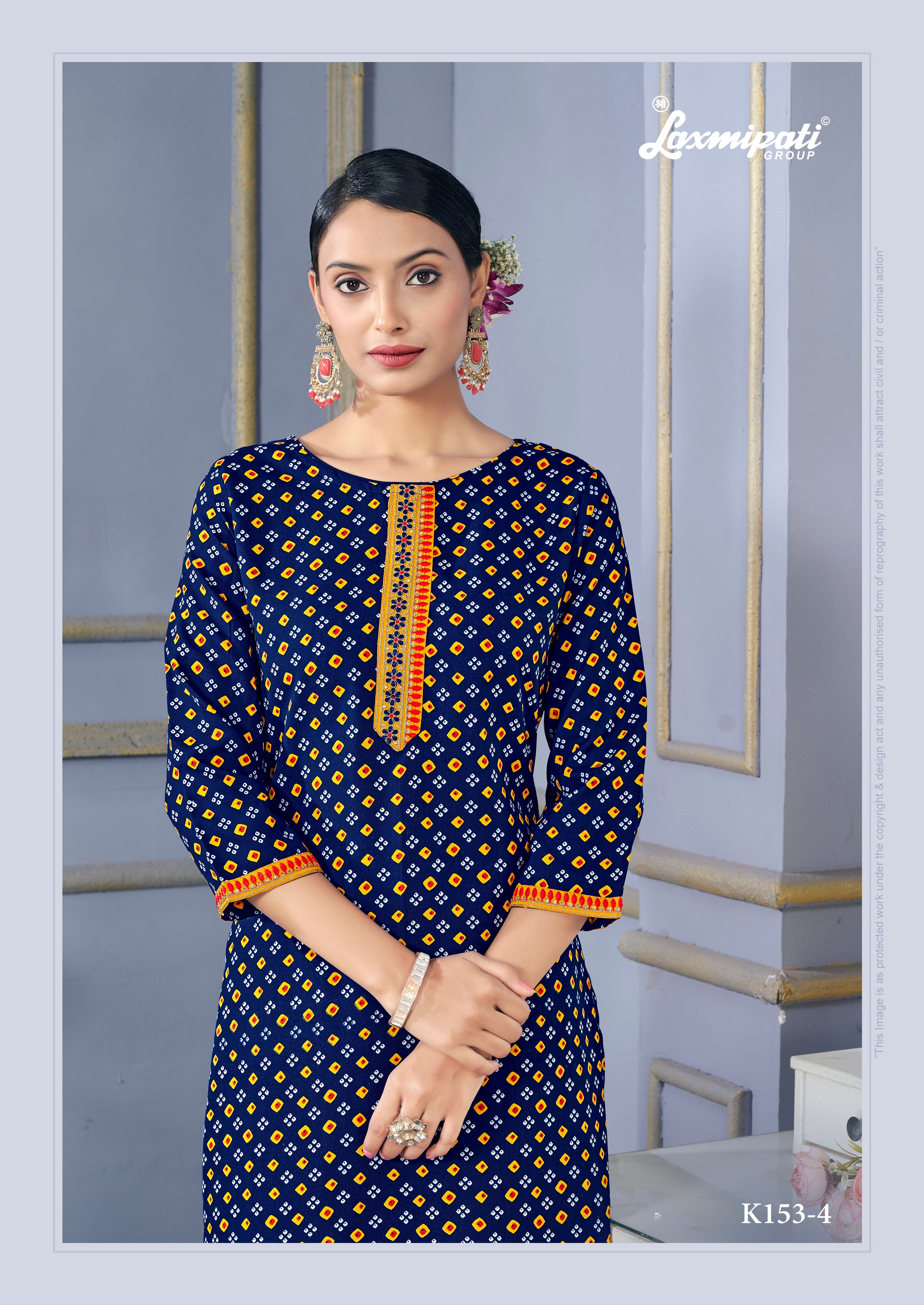 Laxmipati Spun Base Navy Blue Straight Cut Embroidered Kurti