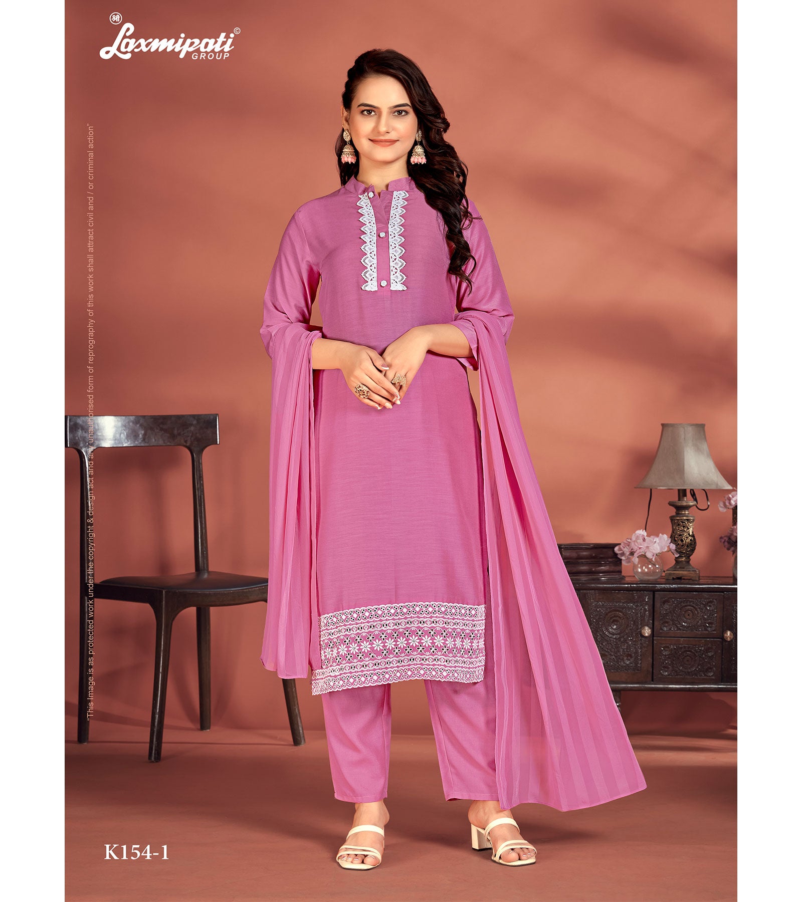 Laxmipati Muslin Base Pink Embroidered Straight Cut Kurti With Pant & Dupatta