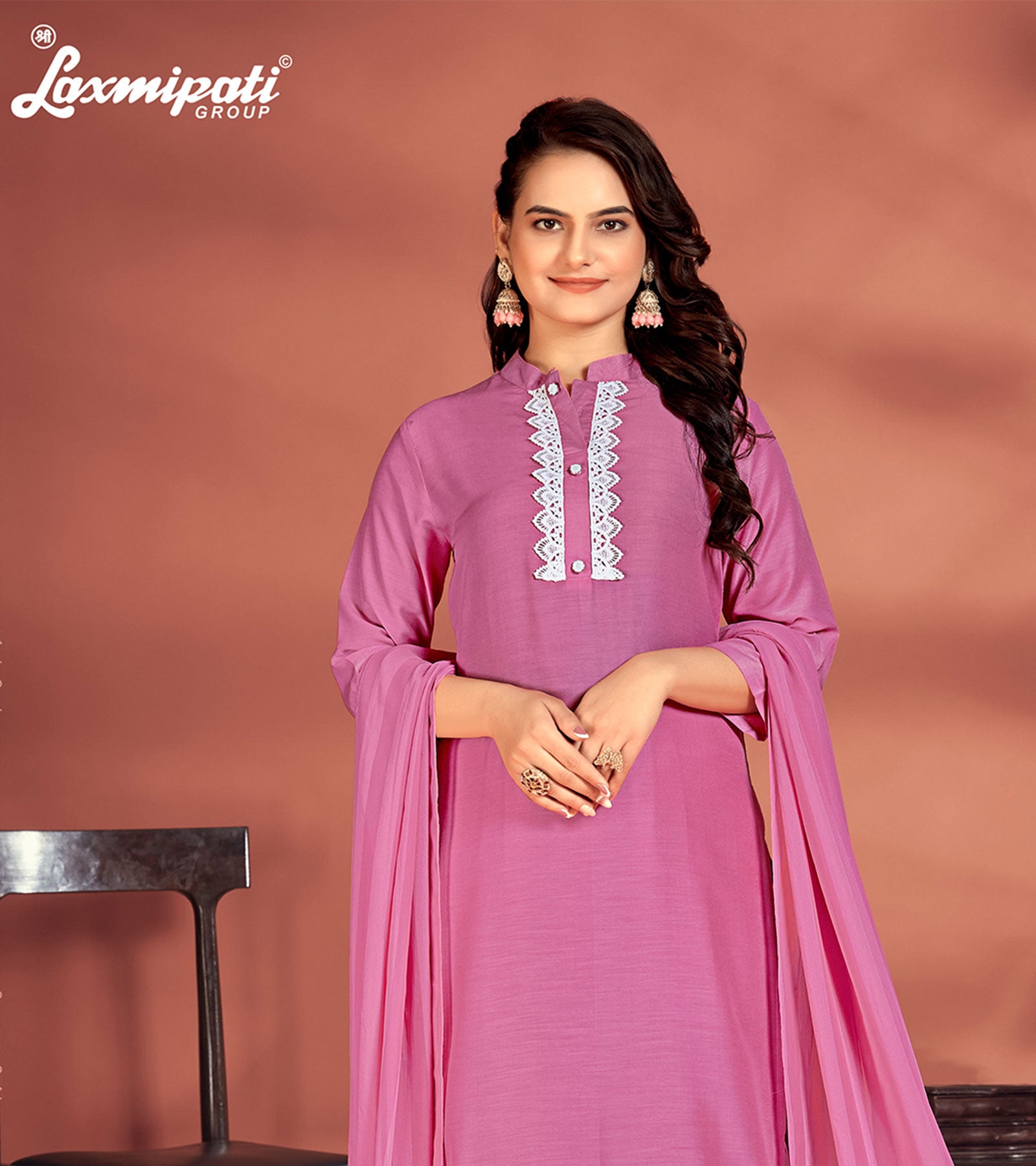 Laxmipati Muslin Base Pink Embroidered Straight Cut Kurti With Pant & Dupatta