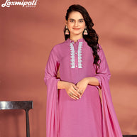 Laxmipati Muslin Base Pink Embroidered Straight Cut Kurti With Pant & Dupatta