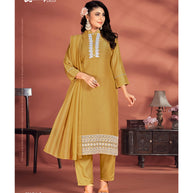 Laxmipati Muslin Base Mustard Embroidered Straight Cut Kurti With Pant & Dupatta