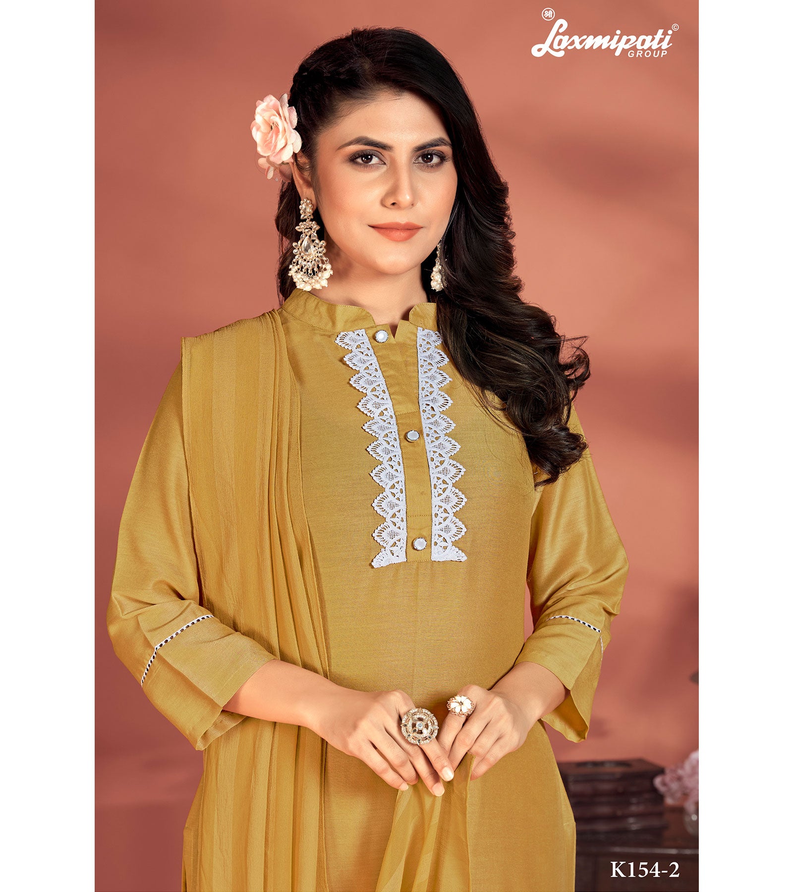 Laxmipati Muslin Base Mustard Embroidered Straight Cut Kurti With Pant & Dupatta