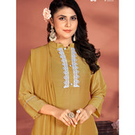 Laxmipati Muslin Base Mustard Embroidered Straight Cut Kurti With Pant & Dupatta