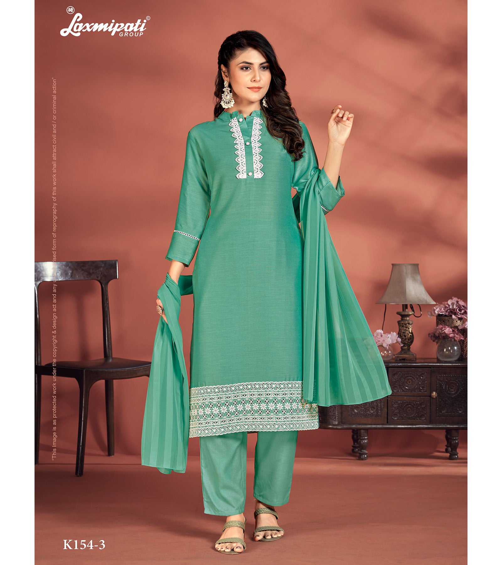 Laxmipati Muslin Base Sea Green Embroidered Straight Cut Kurti With Pant & Dupatta