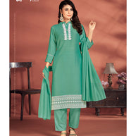 Laxmipati Muslin Base Sea Green Embroidered Straight Cut Kurti With Pant & Dupatta