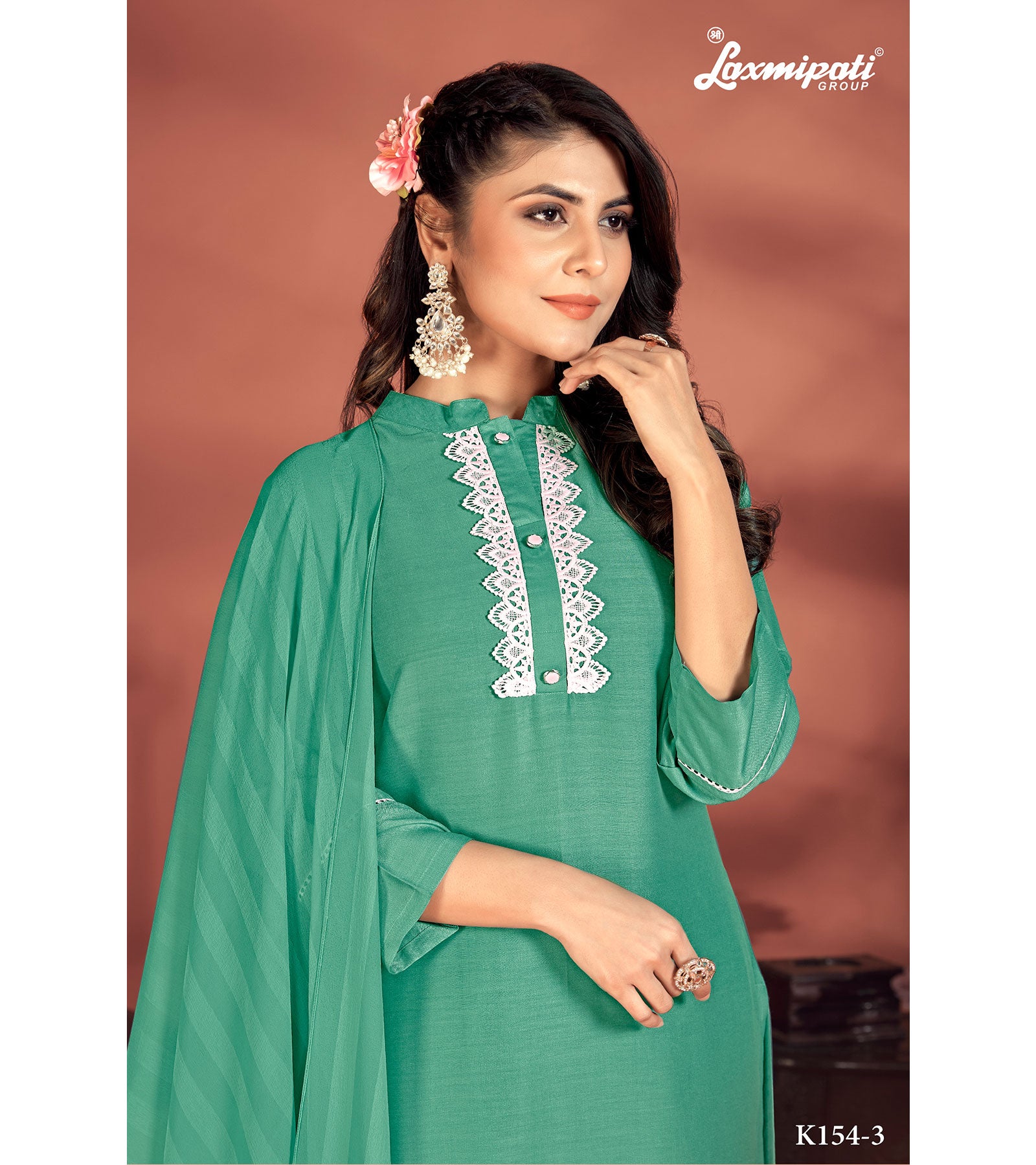 Laxmipati Muslin Base Sea Green Embroidered Straight Cut Kurti With Pant & Dupatta