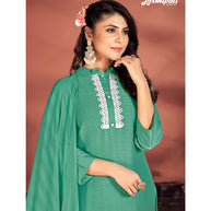 Laxmipati Muslin Base Sea Green Embroidered Straight Cut Kurti With Pant & Dupatta