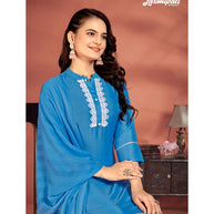 Laxmipati Muslin Base Blue Embroidered Straight Cut Kurti With Pant & Dupatta