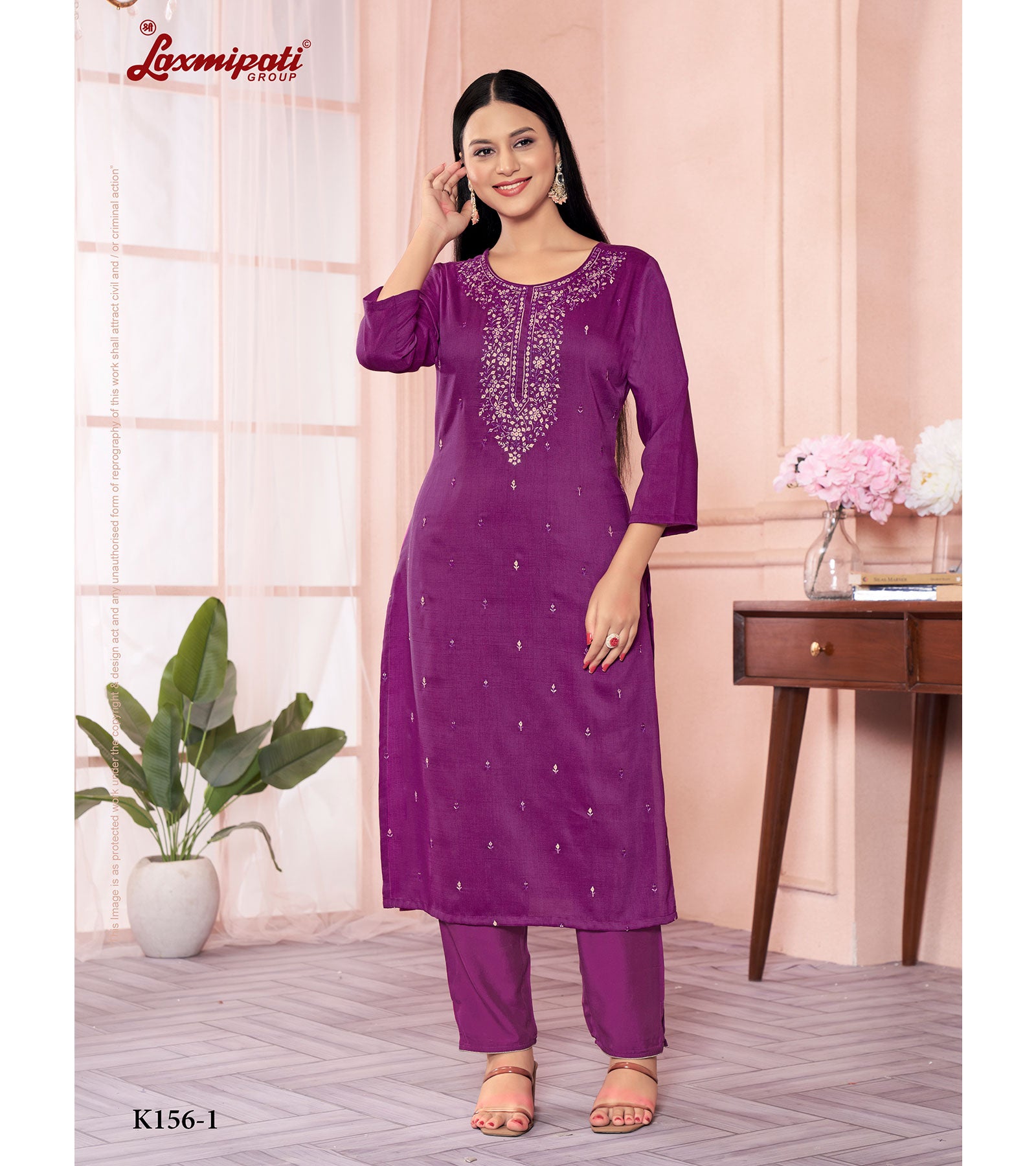 Laxmipati Muslin Base Wine Embroidered Straight Cut Kurti