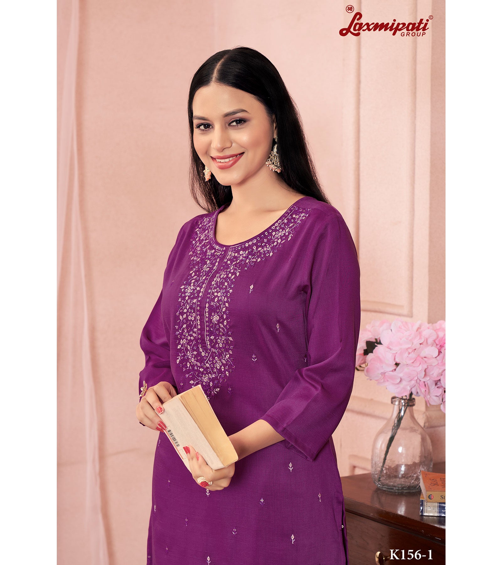 Laxmipati Muslin Base Wine Embroidered Straight Cut Kurti