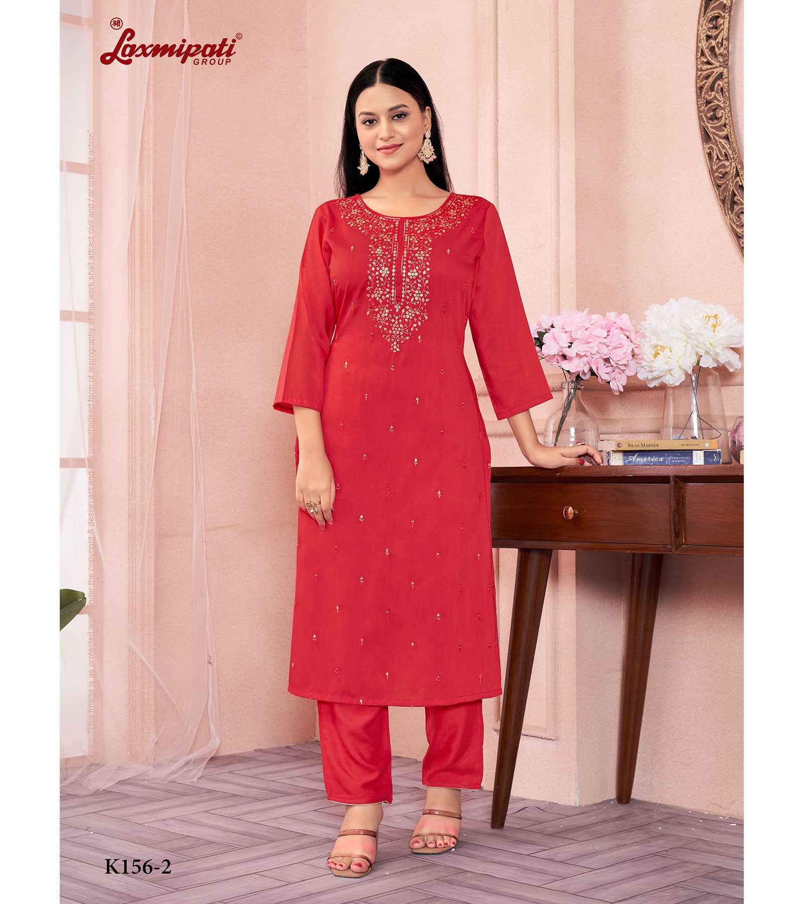 Laxmipati Muslin Base Red Embroidered Straight Cut Kurti