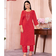 Laxmipati Muslin Base Red Embroidered Straight Cut Kurti