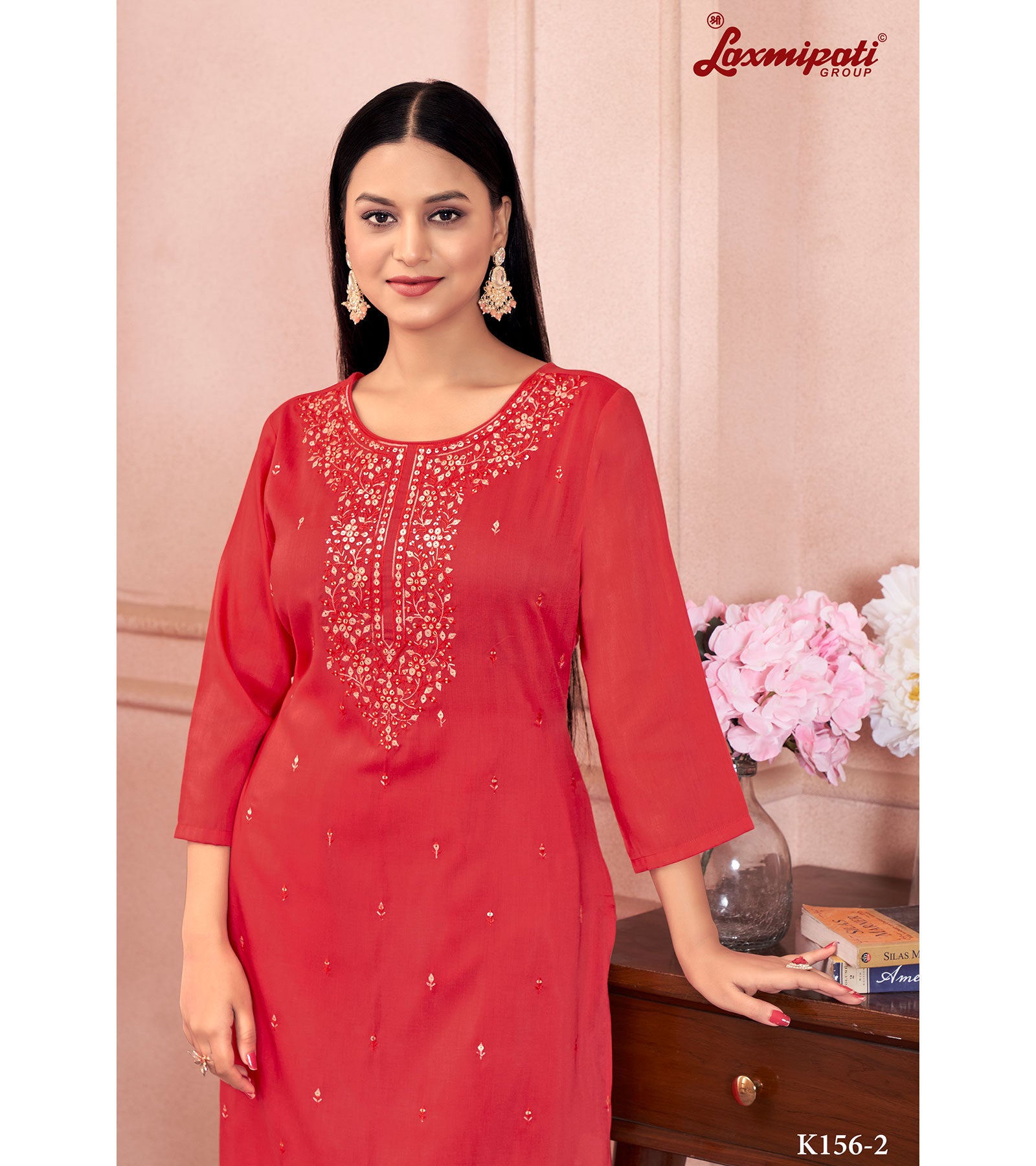 Laxmipati Muslin Base Red Embroidered Straight Cut Kurti