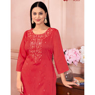 Laxmipati Muslin Base Red Embroidered Straight Cut Kurti