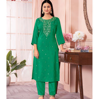 Laxmipati Muslin Base Green Embroidered Straight Cut Kurti