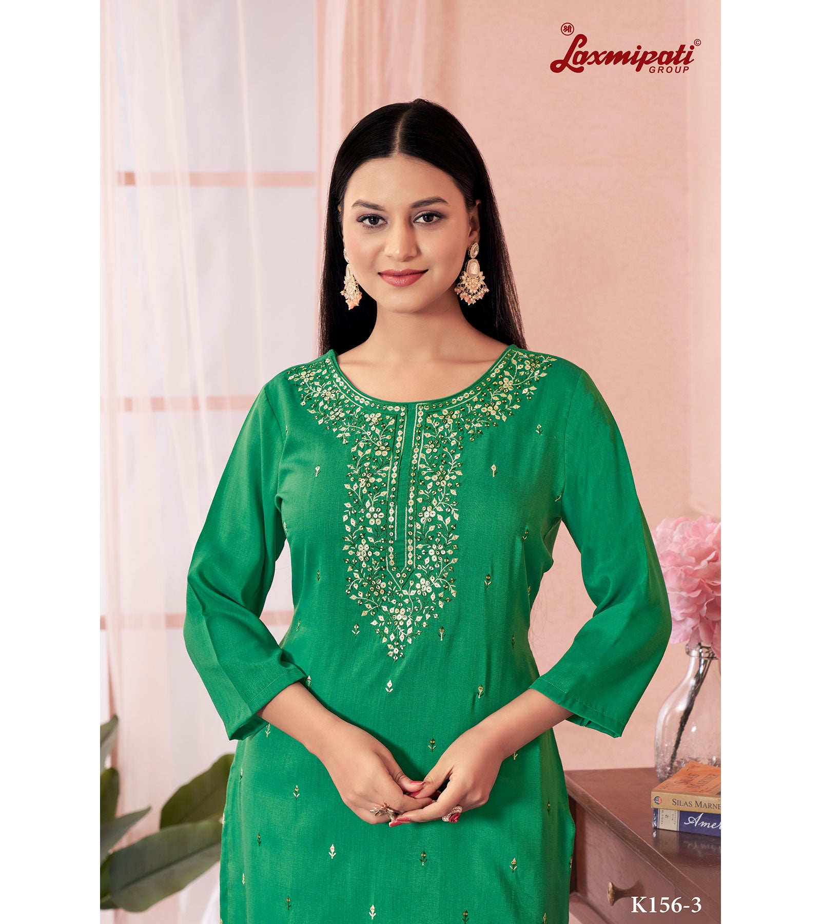 Laxmipati Muslin Base Green Embroidered Straight Cut Kurti