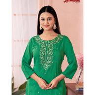 Laxmipati Muslin Base Green Embroidered Straight Cut Kurti