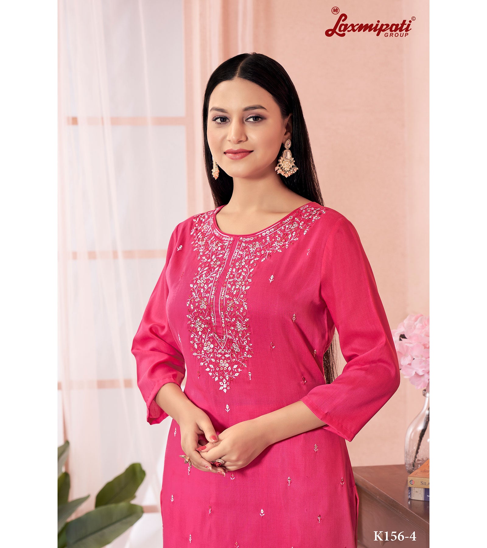 Laxmipati Muslin Base Pink Embroidered Straight Cut Kurti