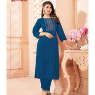 Laxmipati Spun Base Indigo Embroidered Straight Cut Kurti