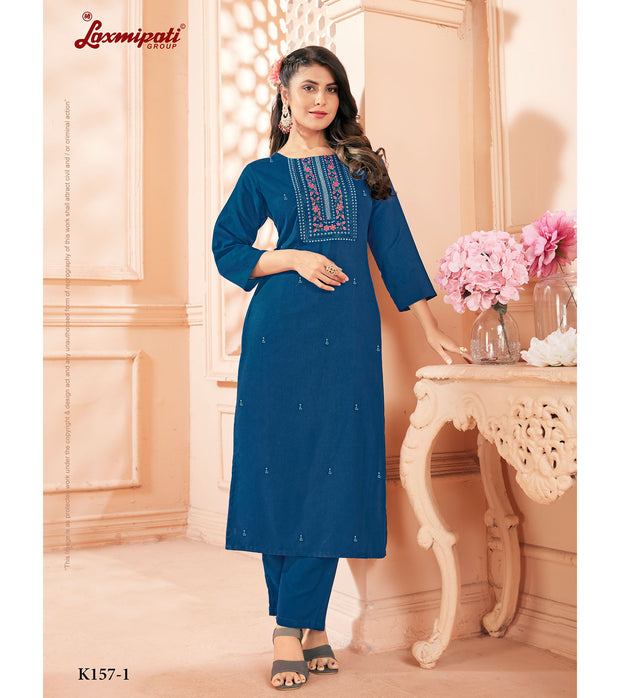 Laxmipati Spun Base Indigo Embroidered Straight Cut Kurti