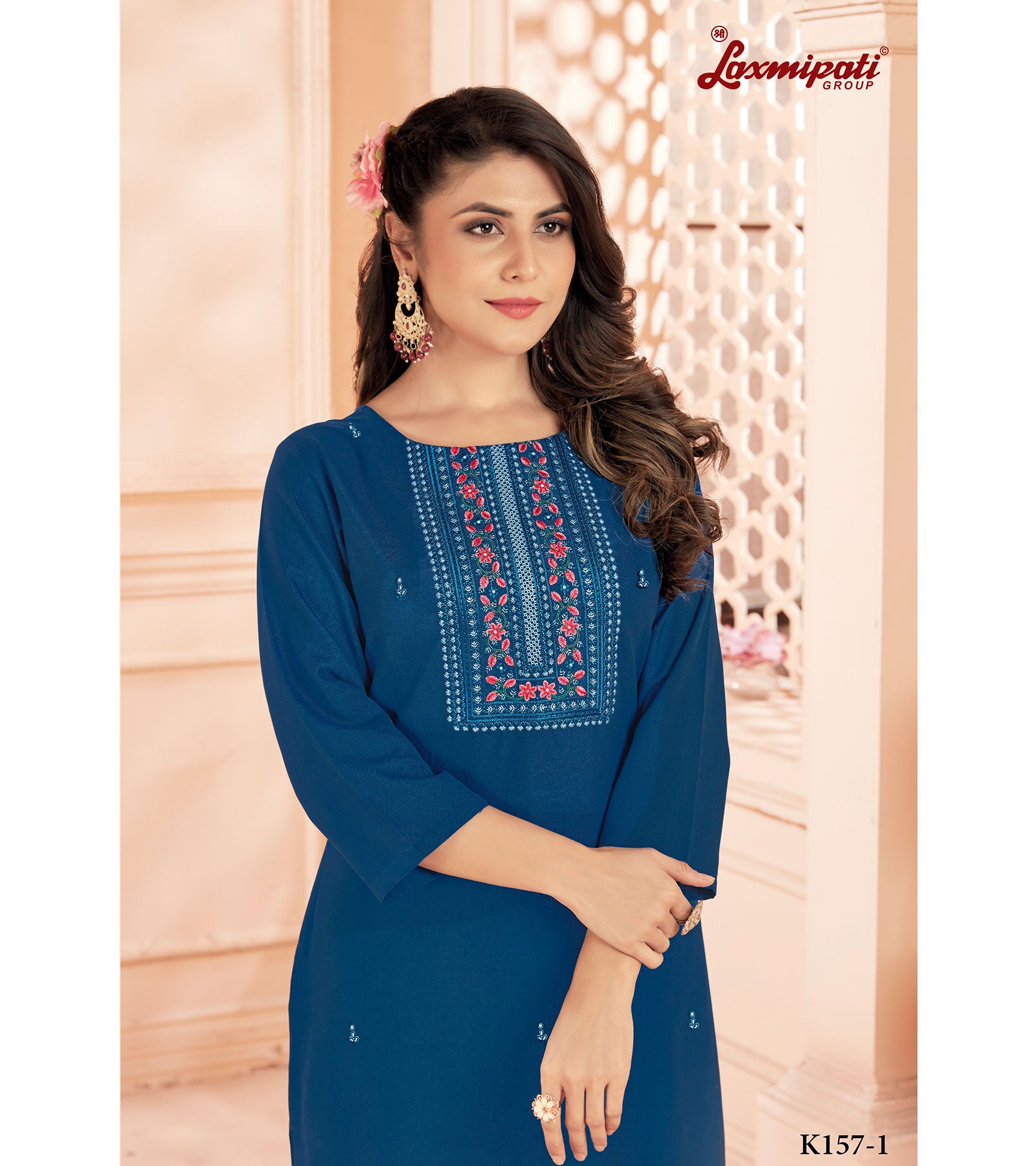 Laxmipati Spun Base Indigo Embroidered Straight Cut Kurti