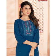 Laxmipati Spun Base Indigo Embroidered Straight Cut Kurti