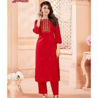 Laxmipati Spun Base Red Embroidered Straight Cut Kurti