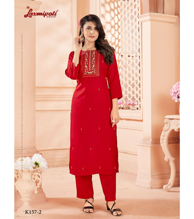 Laxmipati Spun Base Red Embroidered Straight Cut Kurti
