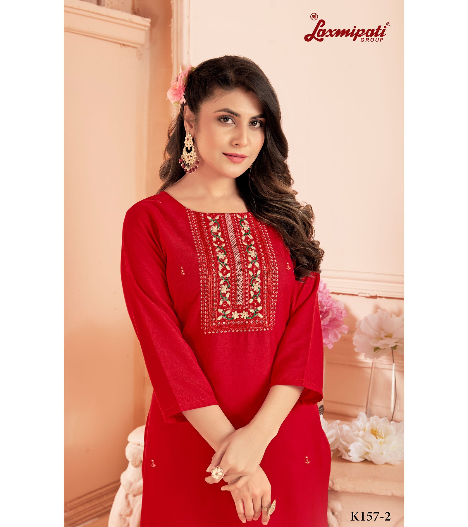 Laxmipati Spun Base Red Embroidered Straight Cut Kurti