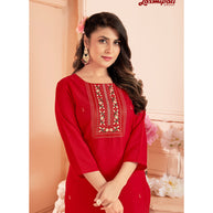 Laxmipati Spun Base Red Embroidered Straight Cut Kurti