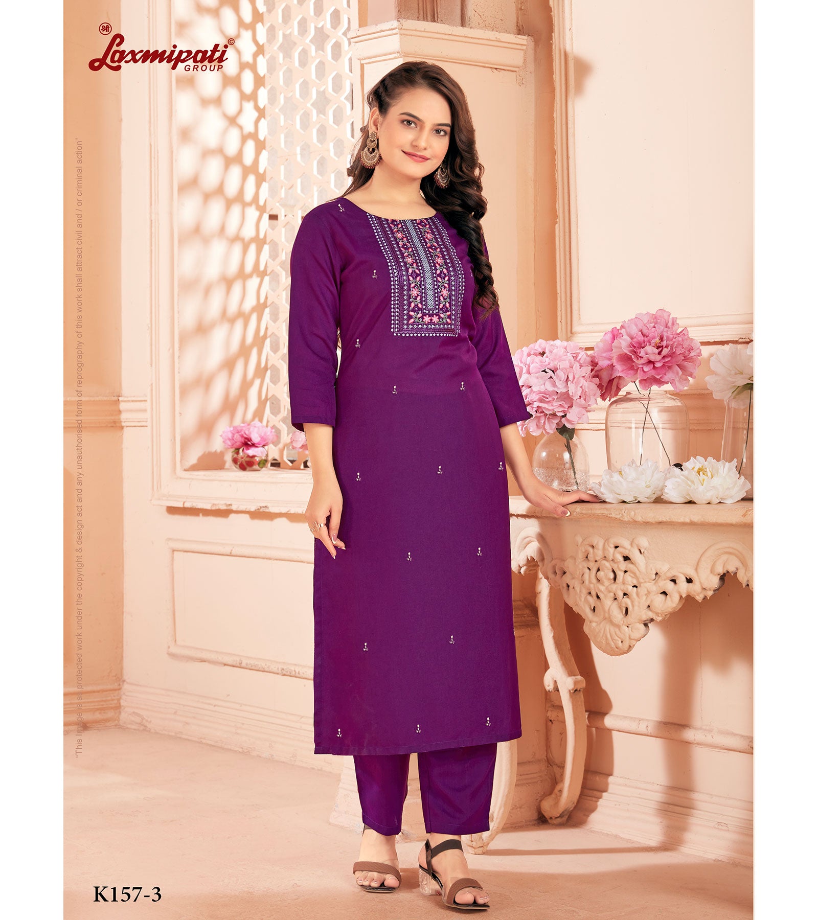 Laxmipati Spun Base Wine Embroidered Straight Cut Kurti