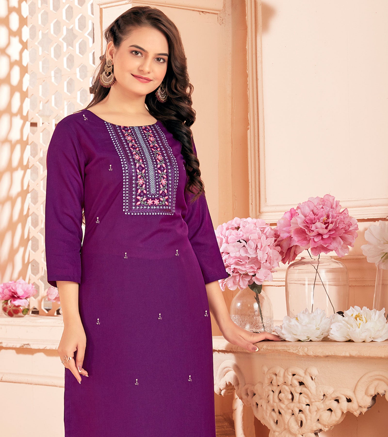 Laxmipati Spun Base Wine Embroidered Straight Cut Kurti