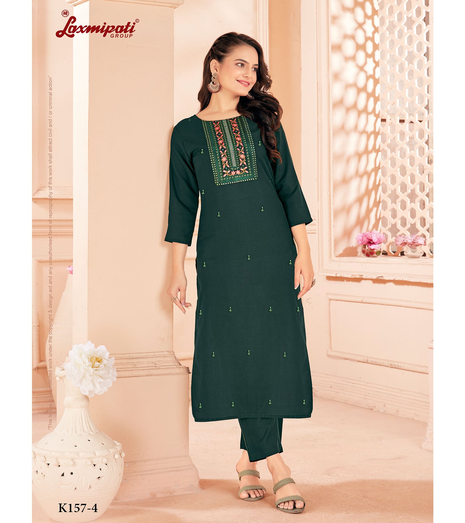 Laxmipati Spun Base Dark Green Embroidered Straight Cut Kurti