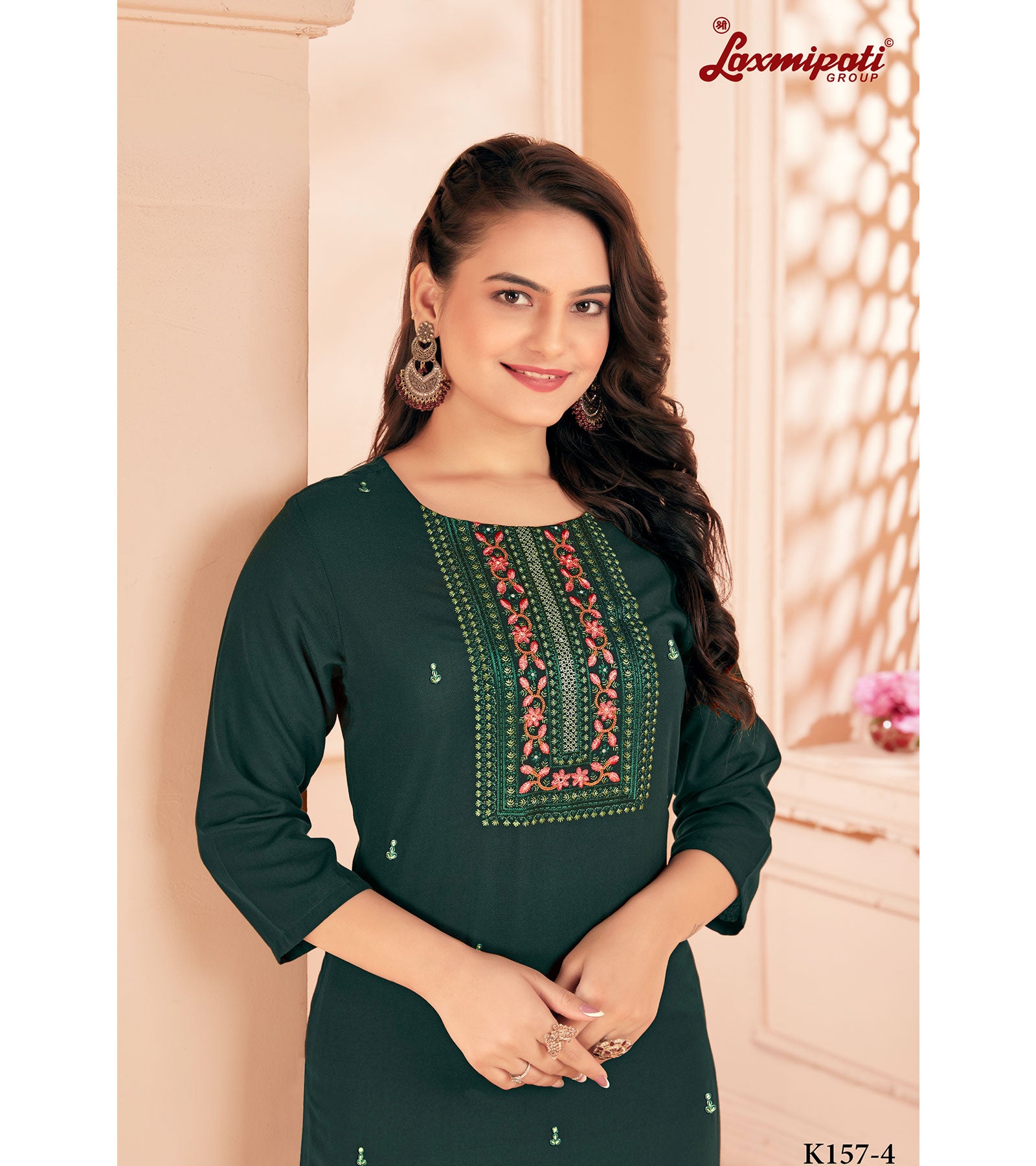 Laxmipati Spun Base Dark Green Embroidered Straight Cut Kurti