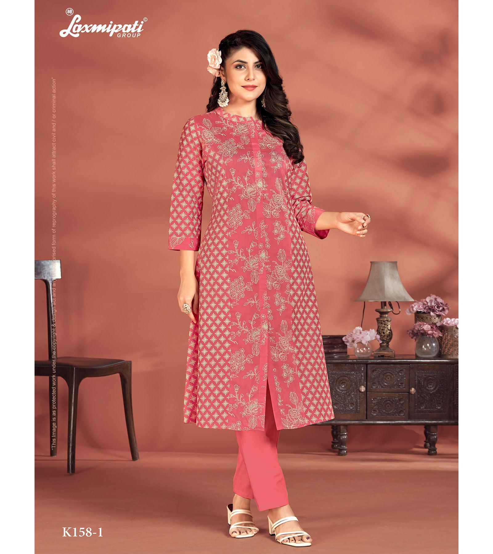 Laxmipati Candy Vico Pink Hand Printed A-Line Front Slit Kurti