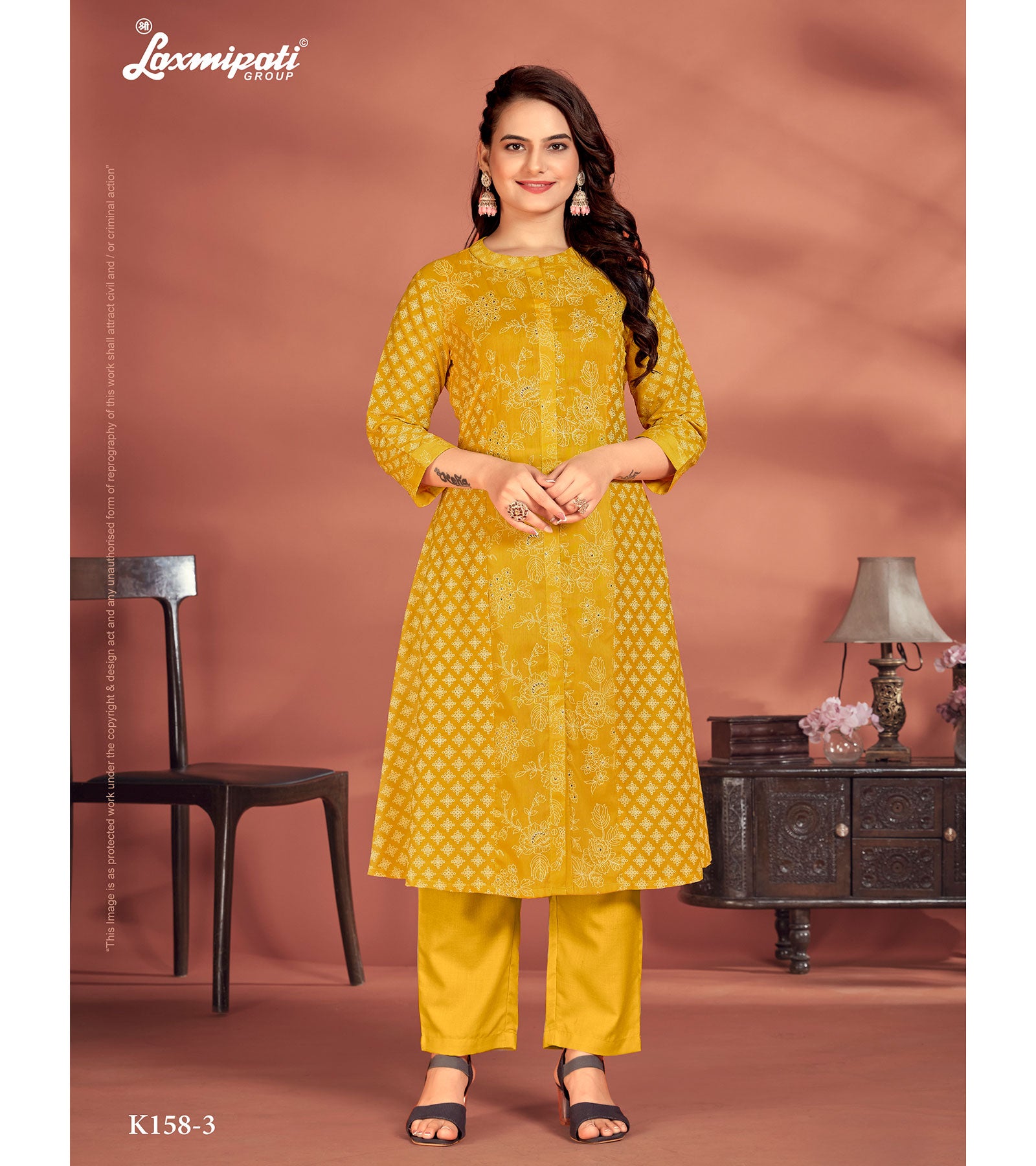 Laxmipati Candy Vico Mustard Hand Printed A-Line Front Slit Kurti