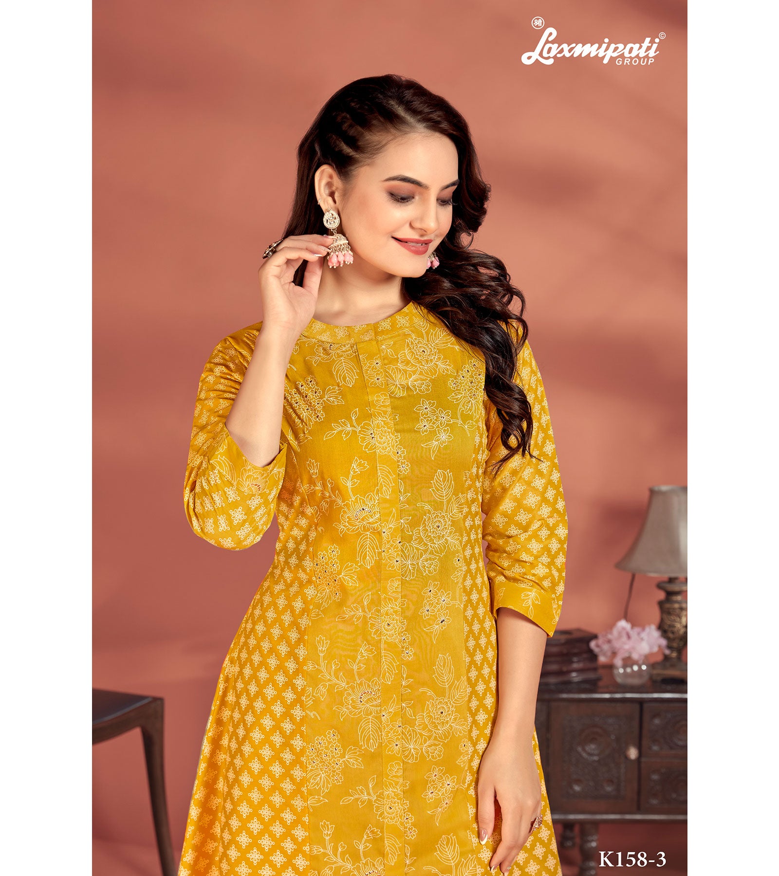 Laxmipati Candy Vico Mustard Hand Printed A-Line Front Slit Kurti