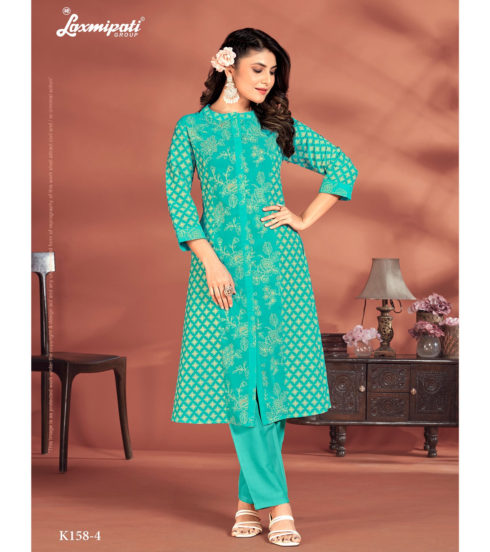 Laxmipati Candy Vico Turquoise Hand Printed A-Line Front Slit Kurti