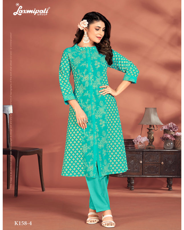Laxmipati Candy Vico Turquoise Hand Printed A-Line Front Slit Kurti