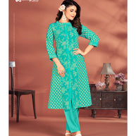 Laxmipati Candy Vico Turquoise Hand Printed A-Line Front Slit Kurti