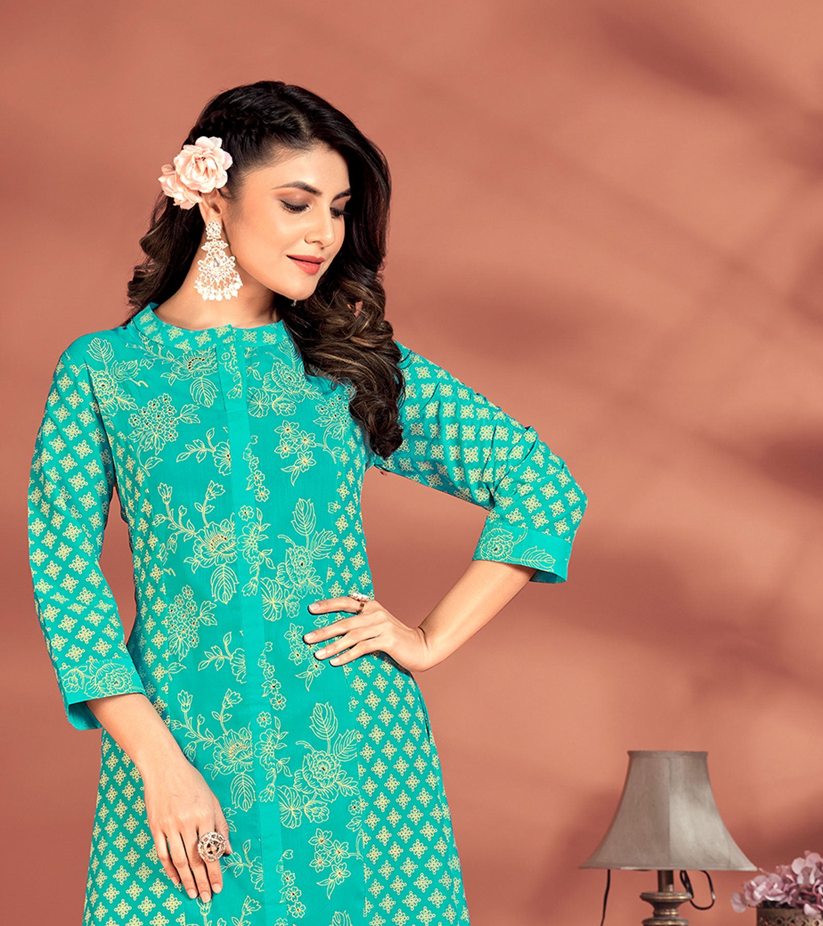 Laxmipati Candy Vico Turquoise Hand Printed A-Line Front Slit Kurti