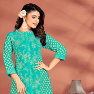 Laxmipati Candy Vico Turquoise Hand Printed A-Line Front Slit Kurti