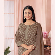 Laxmipati Viscose Caramel Hand Printed Straight Cut Kurti, Pant With Dupatta