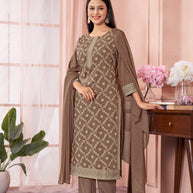 Laxmipati Viscose Caramel Hand Printed Straight Cut Kurti, Pant With Dupatta