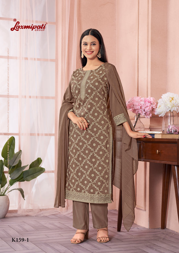 Laxmipati Viscose Caramel Hand Printed Straight Cut Kurti, Pant With Dupatta
