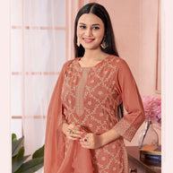 Laxmipati Viscose Rust Hand Printed Straight Cut Kurti, Pant With Dupatta