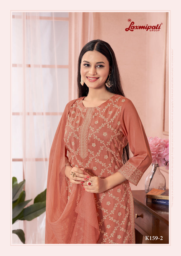 Laxmipati Viscose Rust Hand Printed Straight Cut Kurti, Pant With Dupatta
